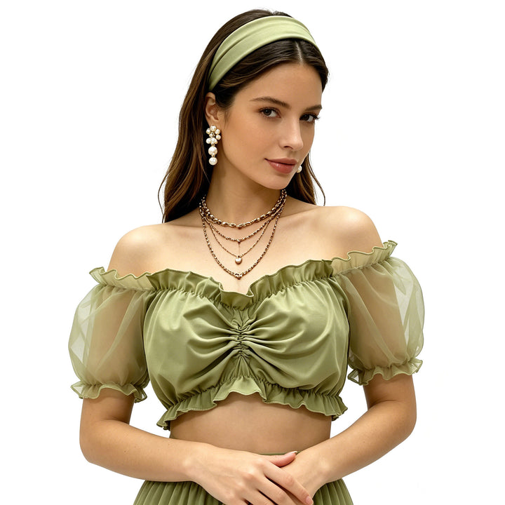 Women's ruched Crop Top with off-the-shoulder neckline and transparent organza sleeves Mune Fashion