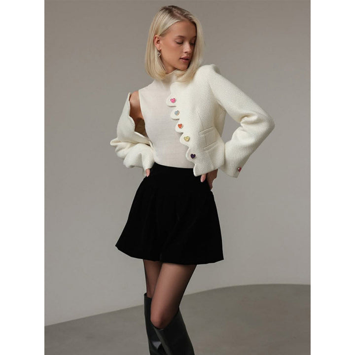 Women's Bouclé Cropped Blazer with Sculptural Shoulder and Wavy Button Placket Mune Fashion