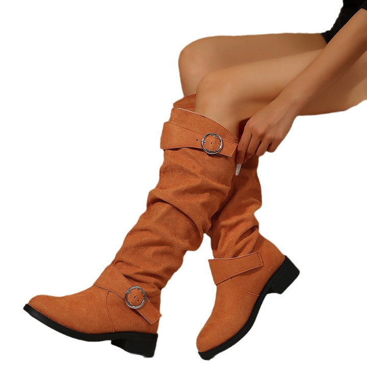 Women Slouch Knee-High Boots with Decorative Ring Strap and Low Block Heel Mune Fashion