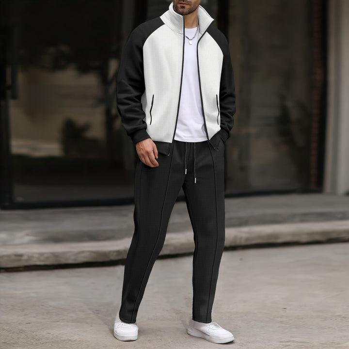 Men's Two-Tone Sports Training Jacket with Waffle Structure Stand Collar Raglan Sleeves and Hidden Zipper Pockets Mune Fashion