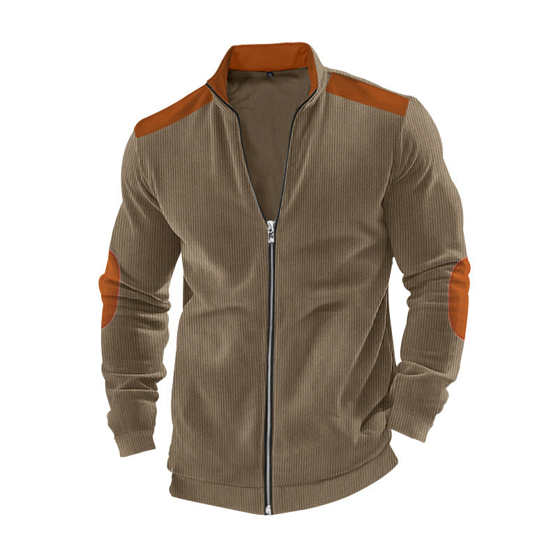 Men's ribbed leisure jacket with stand-up collar, full-length zipper and elbow and shoulder patches Mune Fashion