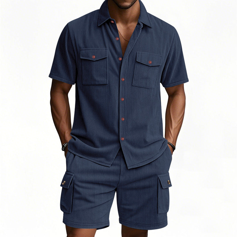 Men's structured short-sleeve shirt and bermuda set with flap pockets and elastic waistband Mune Fashion