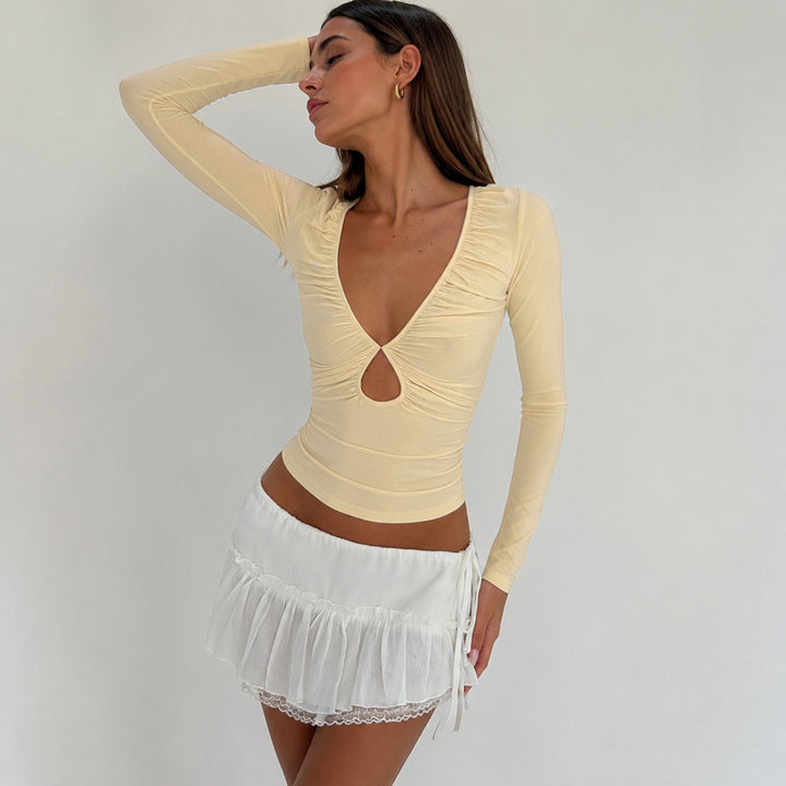 Women's fitted long-sleeve shirt with deep V-neck, gathering, and keyhole cutout Mune Fashion