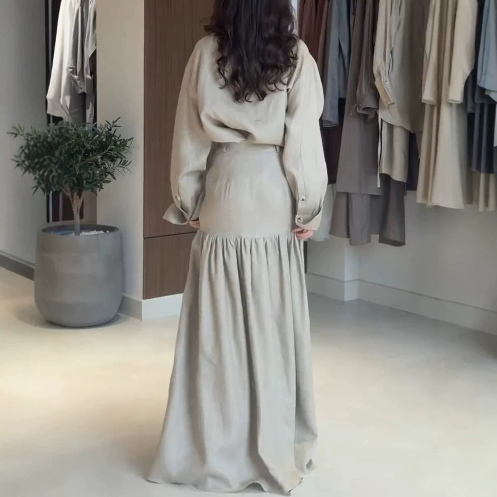 Women Two-Piece Oversized Shirt and Maxi Skirt Set with High Waist & Continuous Button Placket Mune Fashion