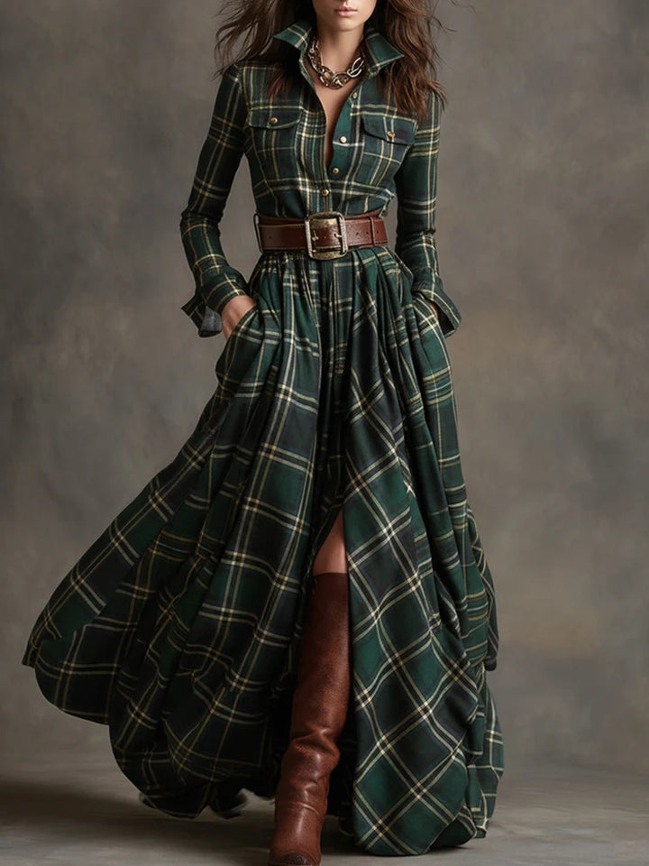Women checked maxi dress shirt dress with flared skirt and wide waistband Mune Fashion