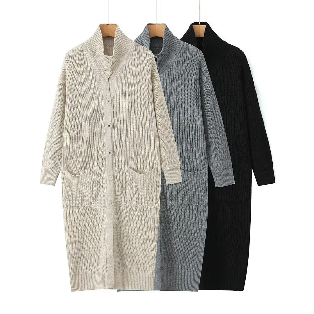 Women Long Chunky Knit Cardigan with Shawl Collar, Button Placket and Patch Pockets Mune Fashion