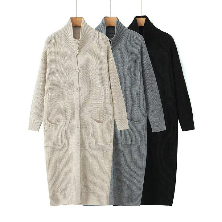 Women Long Chunky Knit Cardigan with Shawl Collar, Button Placket and Patch Pockets Mune Fashion