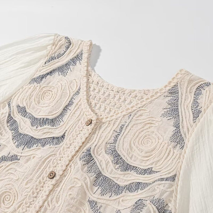 Ladies Embroidered Crochet Knit Cardigan with Transparent Pleated Sleeves Mune Fashion