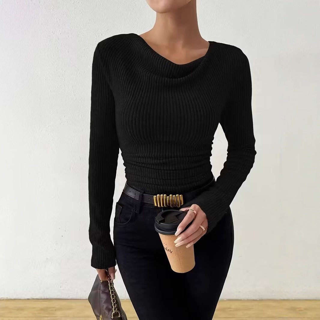 Women Ribbed Tailored Fine Knit Sweater with Gathering Mune Fashion