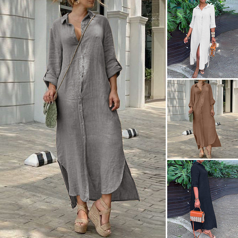 Women's button-up shirt dress with a continuous button placket, side slits, and 3/4 sleeves Mune Fashion