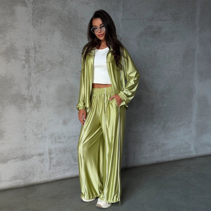 Women's Satin Tracksuit with Zip Jacket and Loose Elastic Waist Pants Mune Fashion