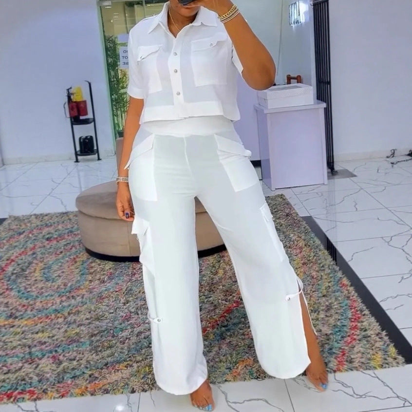 Women's two-piece shirt and cargo pants set with short oversized shirt, high waist, wide leg, and side leg slits Mune Fashion
