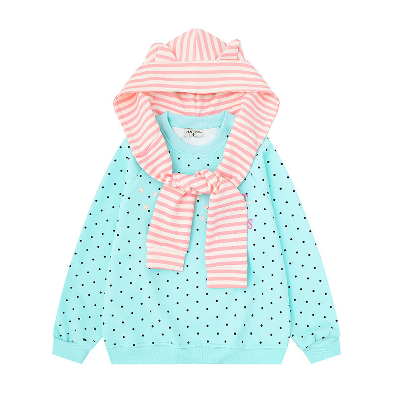Women's Polka Dot Sweatshirt with Attached Striped Hood-Scarf and Star Appliqué Mune Fashion
