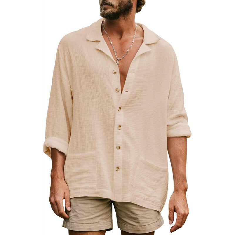 Men's airy cotton gauze shirt with open lapel collar, full button placket, and patch pockets Mune Fashion