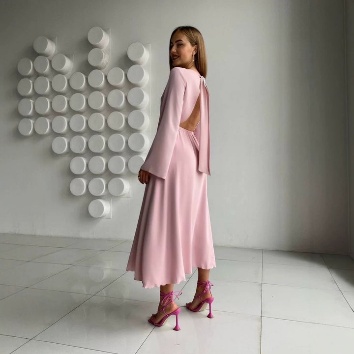 Women Flowing Midi Dress with Boat Neck Elastic Waist yoke and Flared Cuff Sleeves Mune Fashion