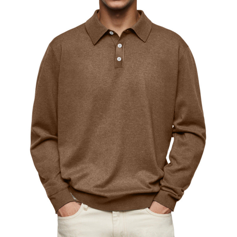 Men's Fine Knit Long Sleeve Polo Shirt with Placket and Collar Mune Fashion