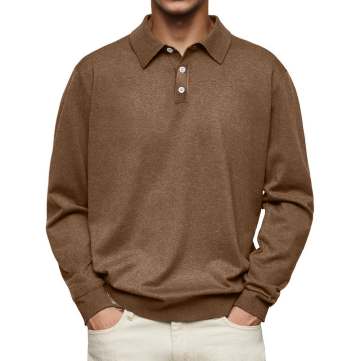 Men's Fine Knit Long Sleeve Polo Shirt with Placket and Collar Mune Fashion