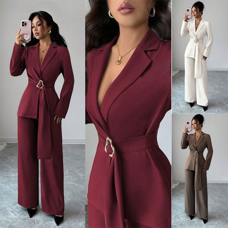 Women Elegant Blazer Suit with Waist Belt Mune Fashion