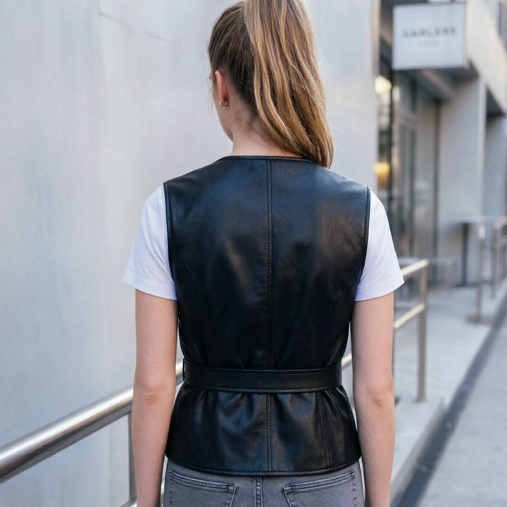 Women Elegant Leather Vest with Waist Belt Mune Fashion