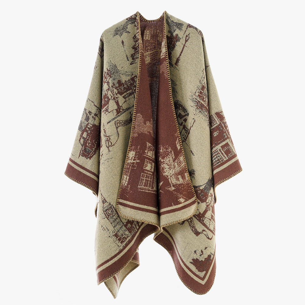 Women two-tone wool-look wrap with jacquard city motif and open waterfall front Mune Fashion