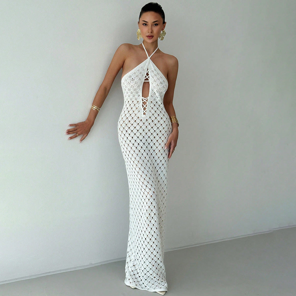 Women Crochet Maxi Dress with Deep Neckline Mune Fashion