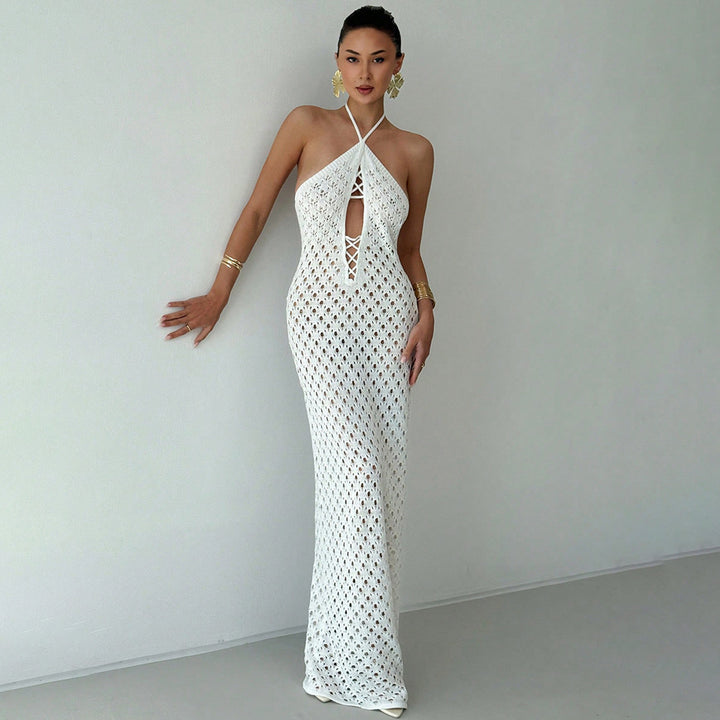 Women Crochet Maxi Dress with Deep Neckline Mune Fashion