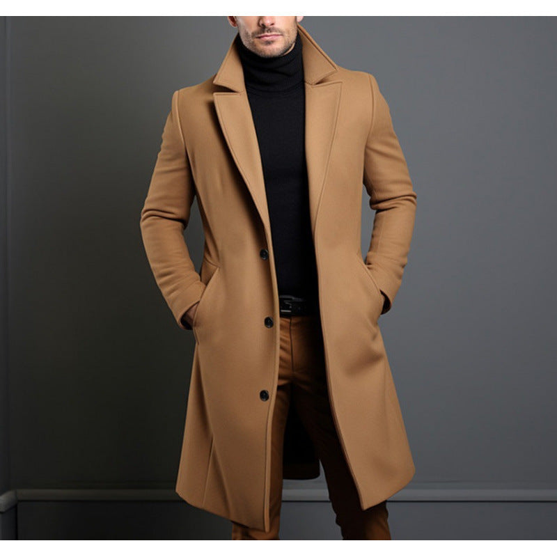Men's Elegant Single-Breasted Long Coat Made of Wool Blend with Slim Silhouette and Lapel Collar Mune Fashion