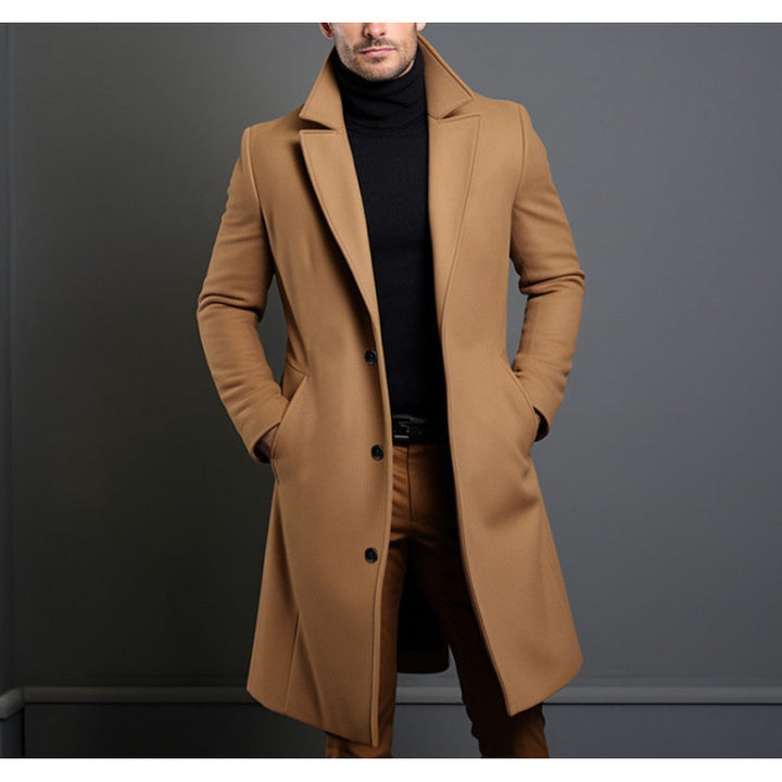 Men's Elegant Single-Breasted Long Coat Made of Wool Blend with Slim Silhouette and Lapel Collar Mune Fashion