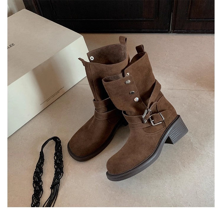 Women's suede biker boots with buckles and medium block heel Mune Fashion