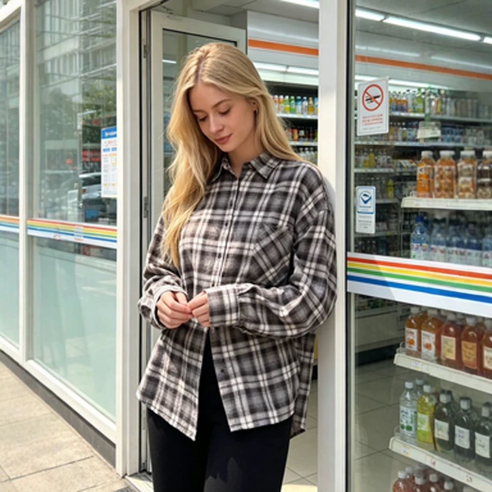 Women's Oversized Flannel Shirt with Check Pattern, Patch Chest Pocket and Rounded Hem Mune Fashion