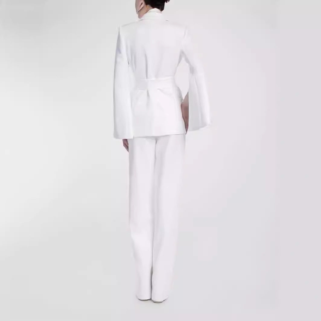Women Tailored Cape Blazer with Tie Belt and Wide Palazzo Pants Mune Fashion