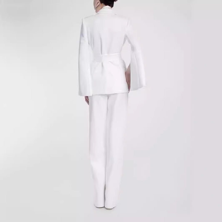 Women Tailored Cape Blazer with Tie Belt and Wide Palazzo Pants Mune Fashion