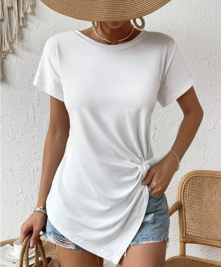 Women's asymmetrical knot shirt with side twist and elongated pointed hem Mune Fashion