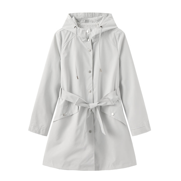 Women's lightweight raincoat in A-line cut with hood, drawstring, and tie belt Mune Fashion