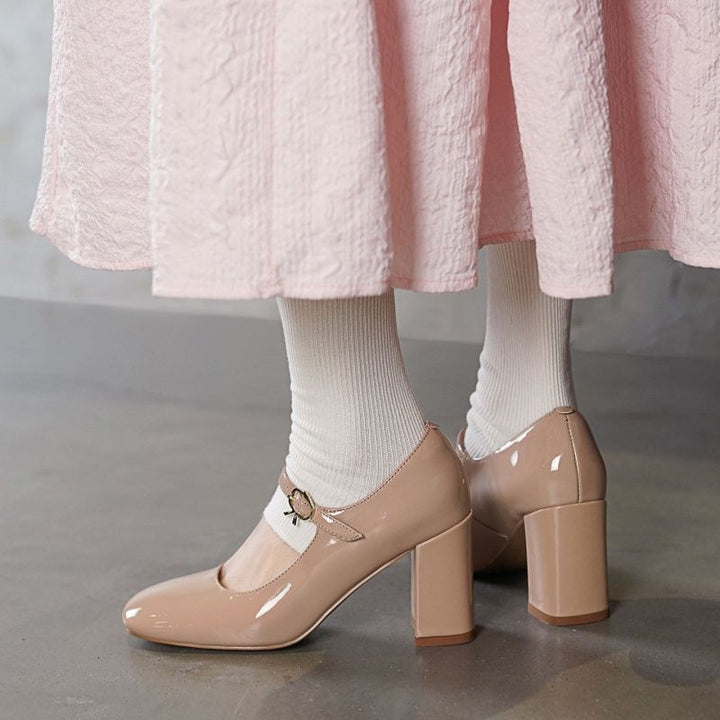 Ladies Patent Mary Jane Pumps with Small Block Heel and Adjustable Ankle Strap Mune Fashion