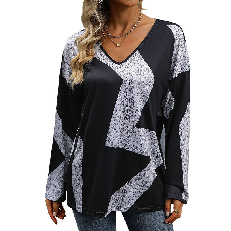 Women's Oversize V-Neck Shirt with Abstract Graphic Print and Light Fall Mune Fashion