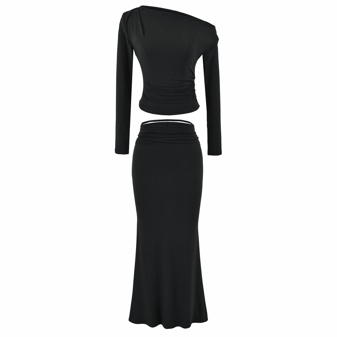 Women's One-Shoulder Two-Piece Set with Ruched Crop Top and Fitted Maxi Skirt Mune Fashion