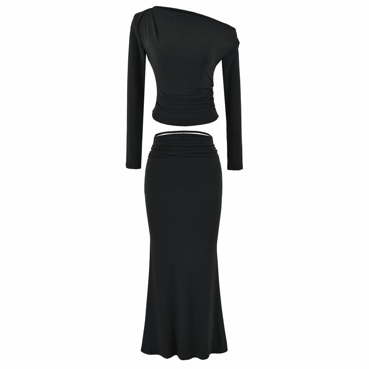 Women's One-Shoulder Two-Piece Set with Ruched Crop Top and Fitted Maxi Skirt Mune Fashion