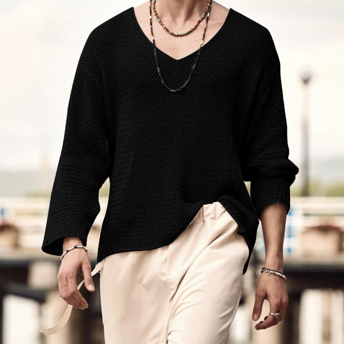 Men's structured waffle knit long sleeve shirt with V-neck and warming thermoeffect Mune Fashion