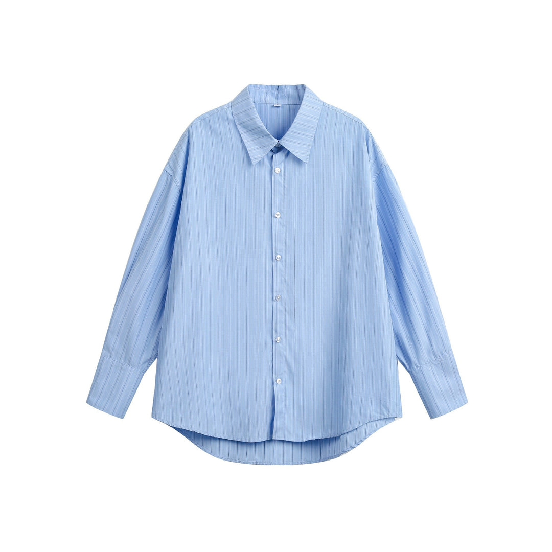 Women's oversized shirt blouse with fine pinstripe texture and rounded hem Mune Fashion