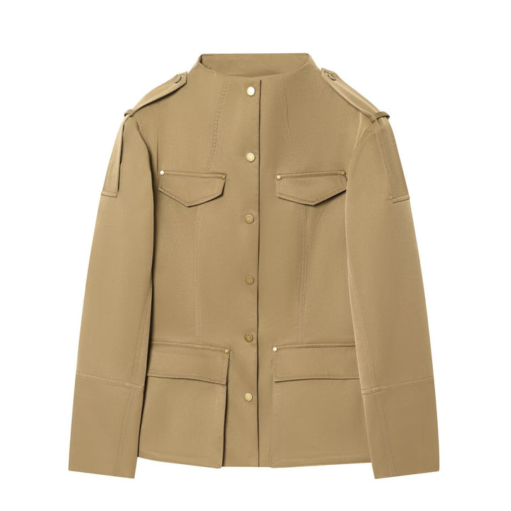 Women's Lightweight Utility Jacket with Stand-Up Collar, Shoulder Epaulettes, and Flap Pockets Mune Fashion
