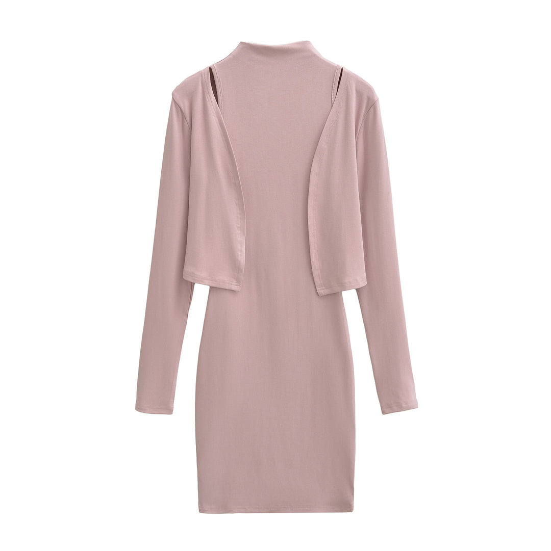 Ladies Figured Close-Fitting Midi Dress with Integrated Bolero and Stand-Up Collar Mune Fashion
