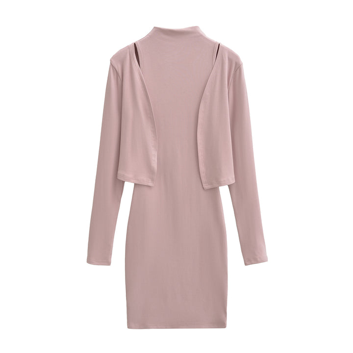Ladies Figured Close-Fitting Midi Dress with Integrated Bolero and Stand-Up Collar Mune Fashion