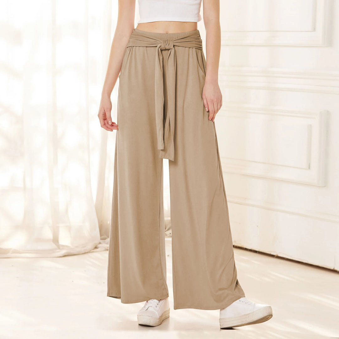 Women Wide Jersey Pants with High Waist and Tie Belt Mune Fashion