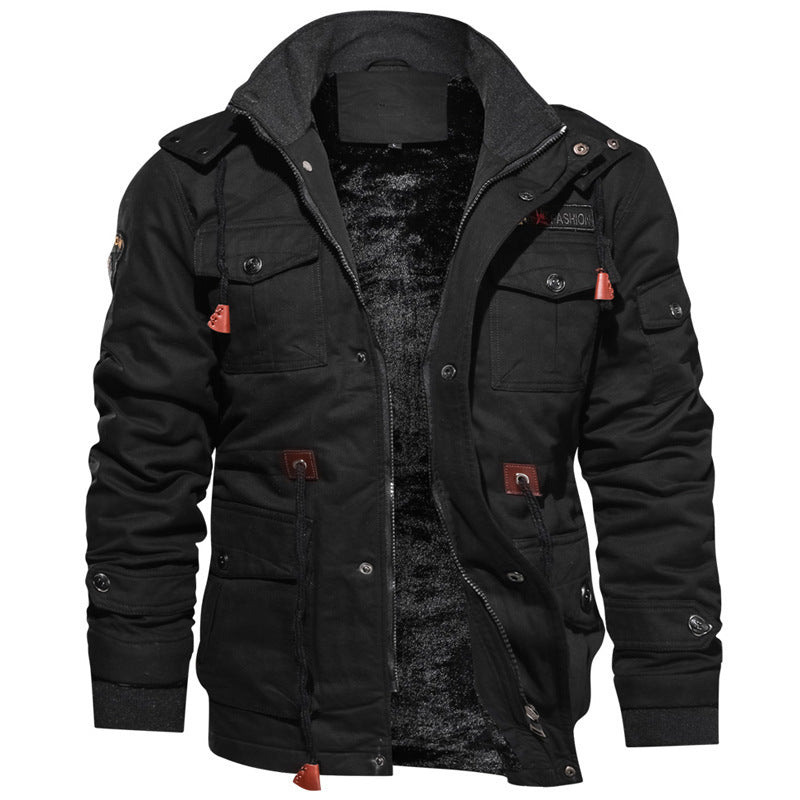 Men's windproof multifunctional field jacket made of canvas with warming teddy plush lining and adjustable drawstring hood