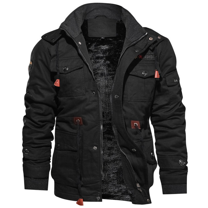Men's windproof multifunctional field jacket made of canvas with warming teddy plush lining and adjustable drawstring hood