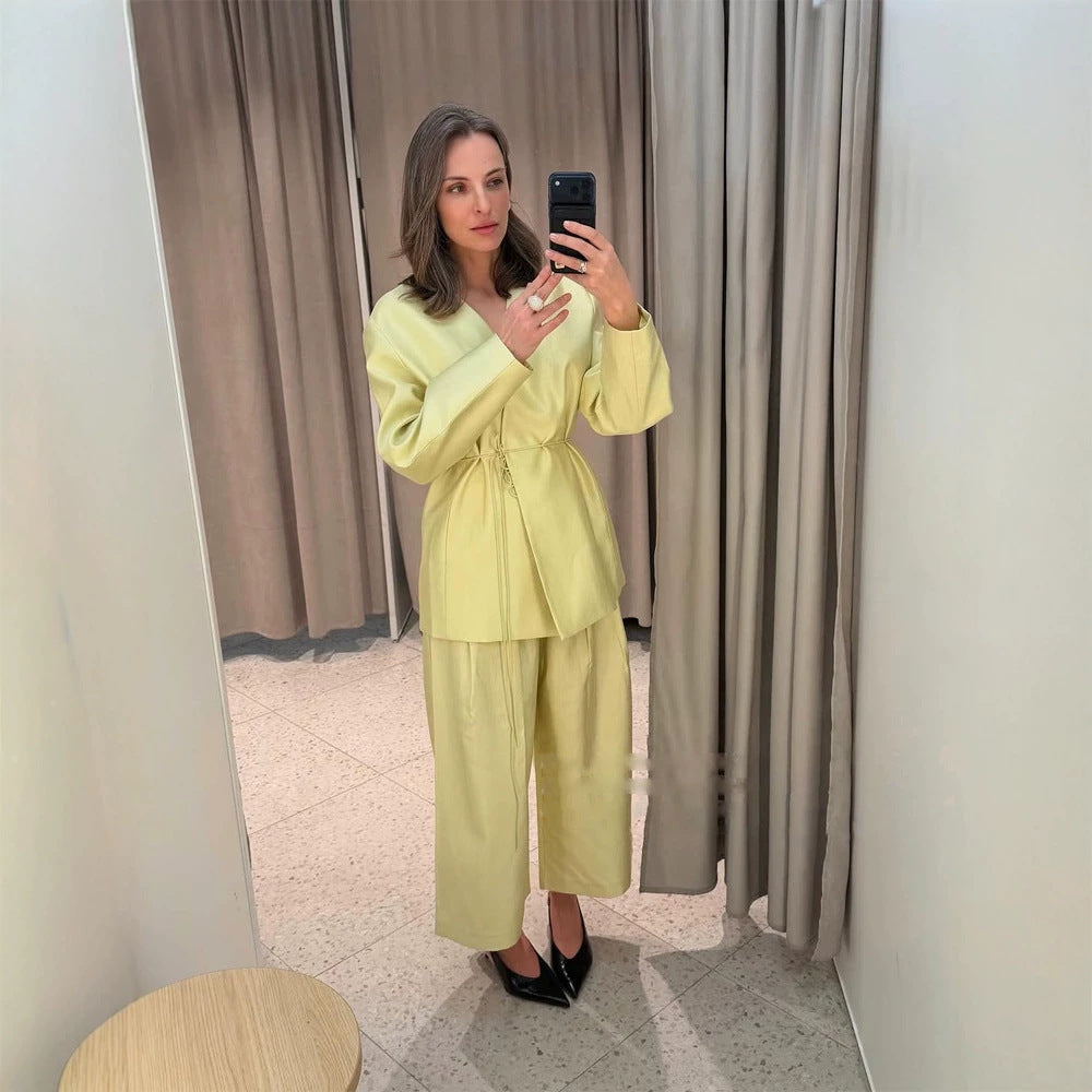 Women's wrap blazer with drawstring and wide culotte pants two-piece Mune Fashion