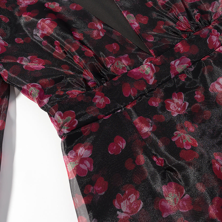Ladies Romantic Chiffon Mini Dress with Deep V-Neck, Ruffle Layers and Trumpet Sleeves Mune Fashion