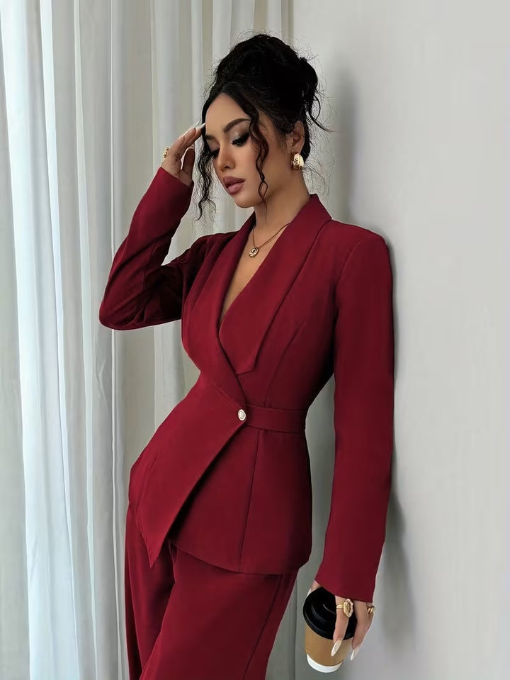Women's tailored business blazer with shawl collar, belt waist and single-button closure Mune Fashion