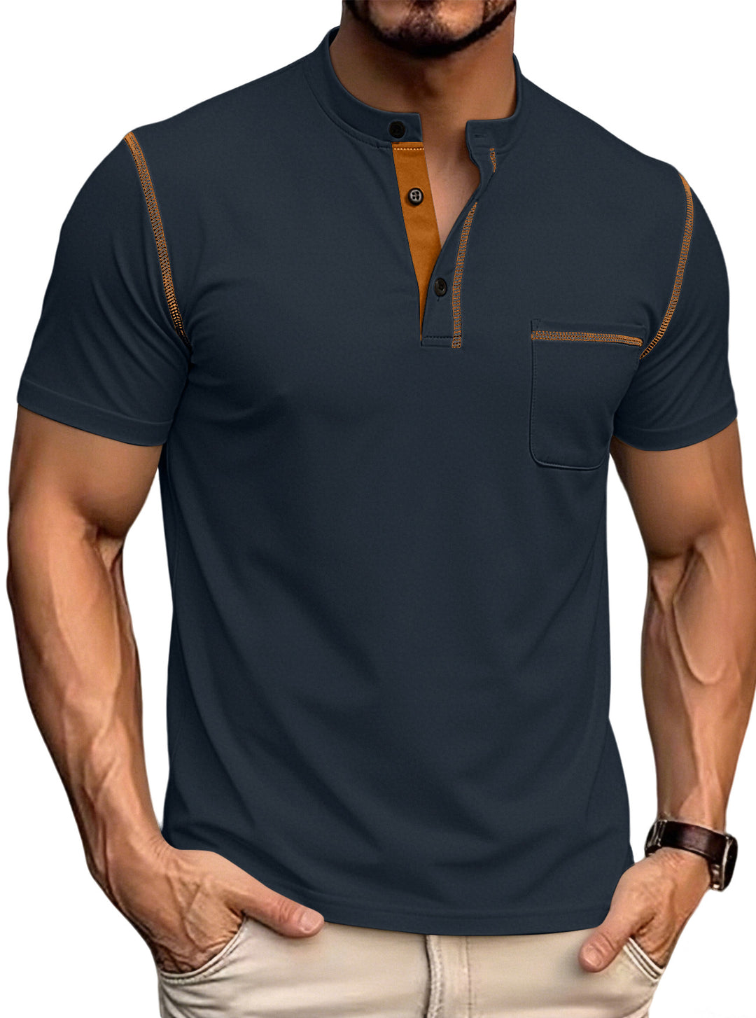 Men's short-sleeved Henley shirt with stand-up collar, chest pocket, and contrasting decorative stitching Mune Fashion